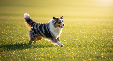 Energetic Australian Shepherd Running Through Meadow, Golden Hour Sunlight.
