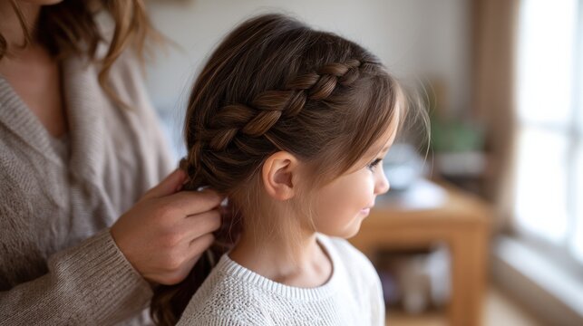 Caucasian female child with braided hair being styled indoors. - Powered by Adobe