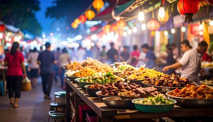 Crowded Asian night food market featuring a variety of delicious street foods ready for customers under the bright lights.