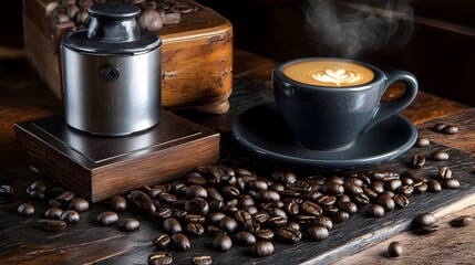 Dark Roast Coffee Cup Latte Art Beans Still Life