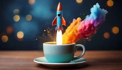 small rocket launching from coffee cup with colorful smoke