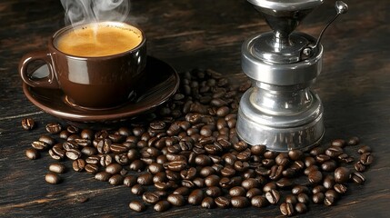 Steaming Espresso Cup Coffee Beans Grinder Dark Wood