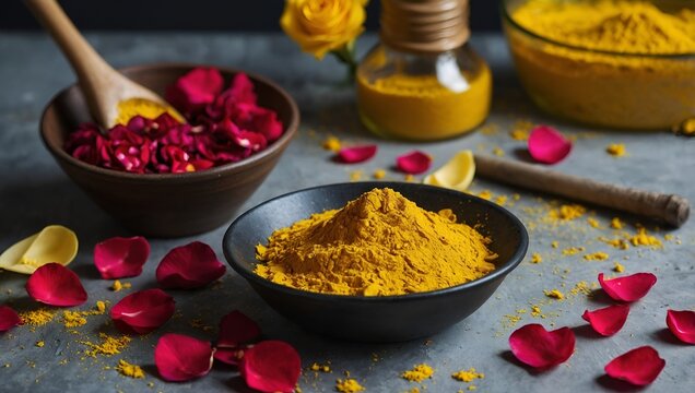Haldi ubtan with all necessary ingredients. Haldi ubtan with all its ingredients i. e. milk and gram flour with rose petals helps to remove the black heads and skin problems like pimples and wrinkles