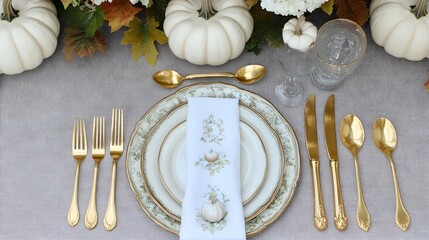 Elegant Thanksgiving Table Setting with Gold Cutlery and White Pumpkins