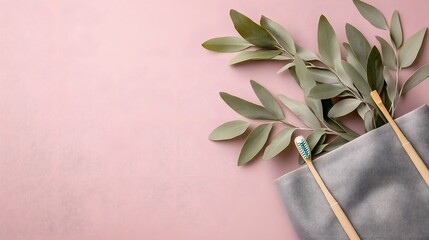 Eco Friendly Bamboo Toothbrushes in Grey Bag with Eucalyptus Leaves on Pink