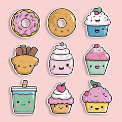 Kawaii-style sweets with happy faces and pastel tones.