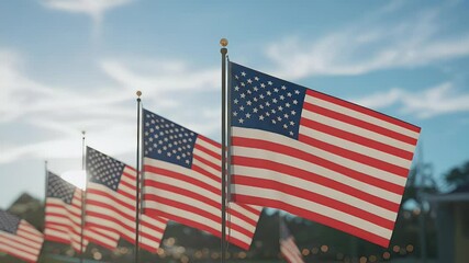 American flags waving in sunlight patriotic symbolism video footage