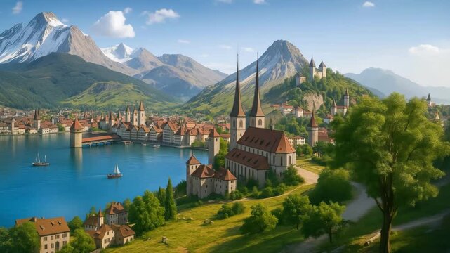 Lucerne, Switzerland in XIX-century. AI generative visualization

