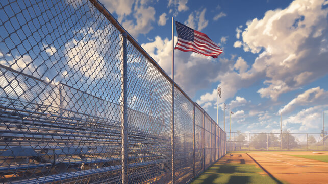 Baseball field with American flag waving in the breeze during a sunny day - Powered by Adobe