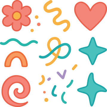 Naklejki Abstract cute shapes sticker curve set. Colorful funny element organic symbol. Doodle flower and heart, star and confetti, trendy lines cartoon drawing style. Vector illustration 