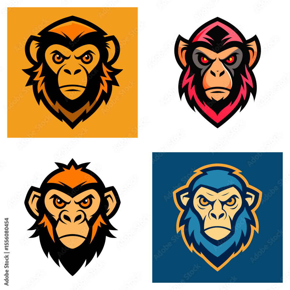 Poster four square frames showcasing monkey head designs with varying color schemes and expressions of ange