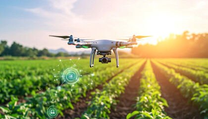 Aerial drone surveys a lush farm field at sunset, representing agricultural technology and efficient farming methods.