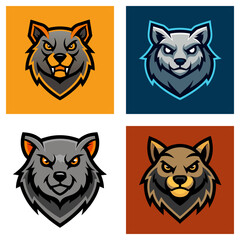 Fototapeta premium Four square animal logos with wolf like creatures in various colors and styles on different color backgrounds