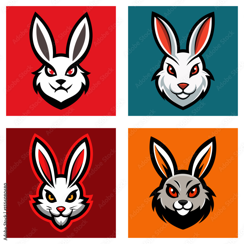 Poster four stylized fox head logos with different color schemes and backgrounds in a square layout