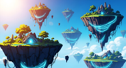 Floating Isles A Fantasy Landscape of Green Islands Suspended in the Sky with Bright Beams