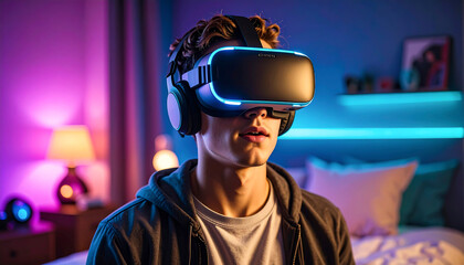Young man explores virtual reality wearing a VR headset in his illuminated bedroom, enhancing his gaming experience.