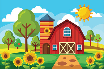 Naklejka premium Rustic Farmhouse Scene with Red Barn and Sunflower Garden Summer Cottage Vector Art