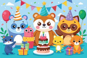 Obraz premium Colorful Cartoon Animal Birthday Party Design Vector for Invitations and Decorations