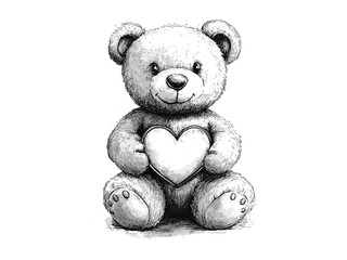 Valentine teddy bear with heart engraving, romantic plush toy, vintage hand-drawn sketch, love gift motif, trendy holiday decor, black sketch illustration, cute gift idea