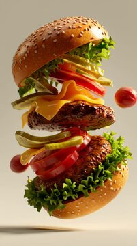 Exploded Burger: An exploded burger of stacked layers is presented against smooth backdrop, showcasing its ingredients in a creative and appetizing manner.