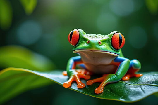 Red-Eyed Tree Frog Perched on a Leaf in a Lush Green Environment, Showcasing Wildlife and Nature Photography