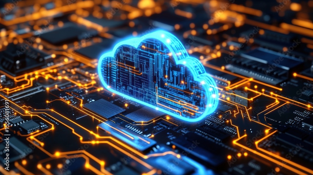 Poster a glowing blue cloud icon floats above a complex circuit board, symbolizing cloud computing and digi