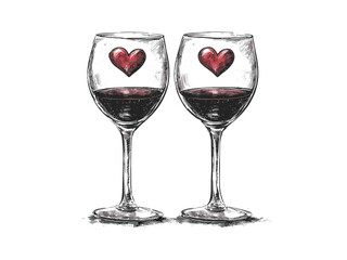 Vintage Valentine wine glass pair engraving, romantic dinner icon, holiday love decor, old engraving style, hand-drawn black sketch, trendy romantic motif, elegant celebration art, love symbol