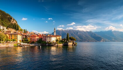 Naklejka premium scenic view of varenna and lake como with mountains in background