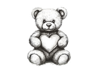 Romantic teddy bear with heart engraving, vintage plush toy sketch, love gift motif, trendy holiday decor, old engraving style, hand-drawn black sketch, gift for Valentine’s Day