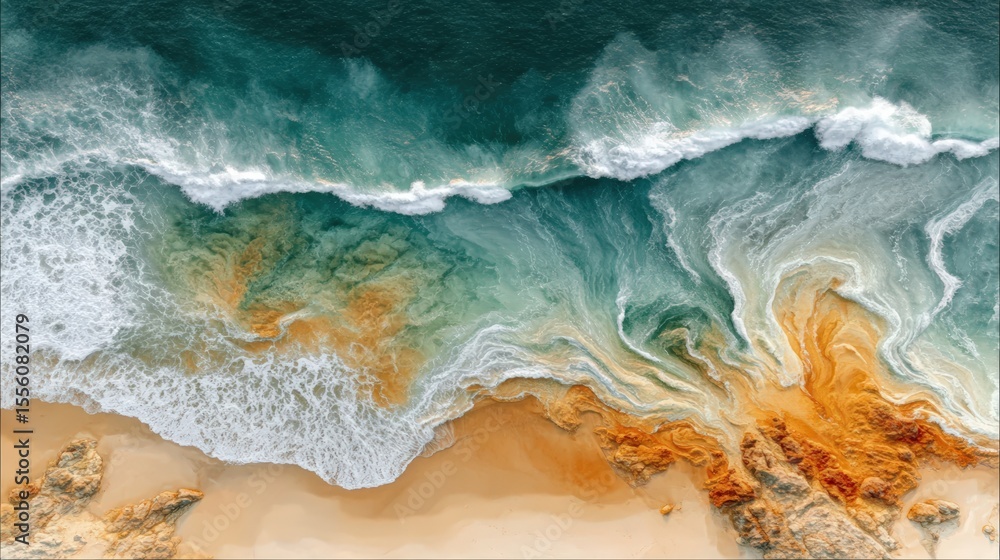 Poster aerial view of ocean waves crashing onto a sandy beach with rocky formations, creating swirling patt