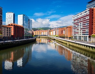 Obraz premium modern residential buildings reflecting in river in bilbao spain