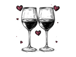 Valentine wine glass pair engraving, vintage romantic dinner icon, black hand-drawn sketch, holiday love decor, old style engraving, trendy couple celebration motif, love symbol illustration