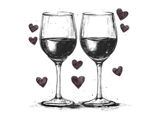 Romantic Valentine wine glass pair, vintage hand-drawn black sketch style, holiday love decor, old engraving design, trendy dinner icon, elegant couple motif, classic romantic illustration