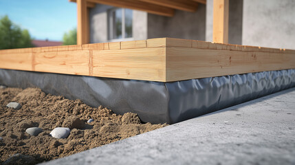 Wooden deck foundation with black waterproof membrane and soil next to concrete slab, outdoor construction detail showing natural wood texture and protective layer for durability and stability