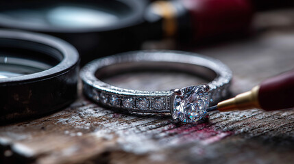 Diamond ring close up on wooden surface with jeweler tool, showcasing sparkling gemstone and detailed craftsmanship in delicate setting