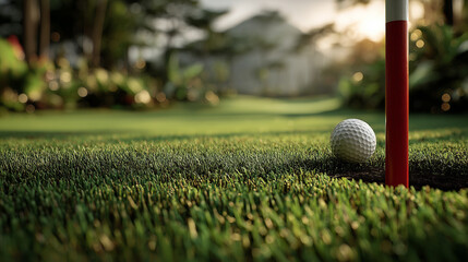 Golf ball near hole on green grass field with sunlight in background, peaceful outdoor sports scene with natural environment and blurred trees