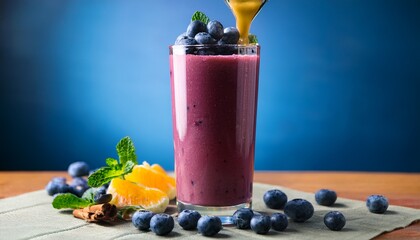 a vibrant fruit smoothie in a tall glass is adorned with fresh blueberries and a drizzle of sweet honey this refreshing drink is perfect for any time of day
