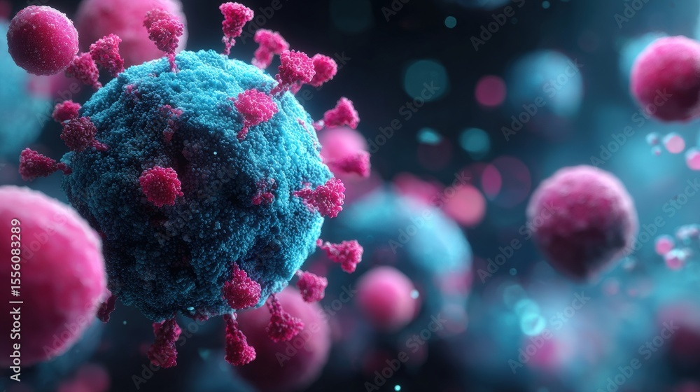 Poster a detailed 3d rendering of a virus particle with spike proteins, representing a microscopic view of 