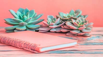 Pink Spiral Notebook and Succulents on Pink Wooden Table