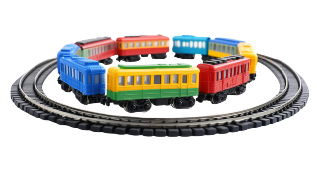 Colorful toy train set in circular track indoor playroom fun activity creative environment close-up view children's imagination