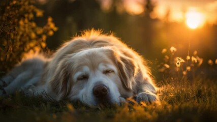 A golden retriever rests peacefully on grass as the sun sets, casting warm light across the scene. The peaceful atmosphere and nature create a serene setting