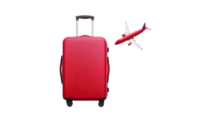 Travel essentials red suitcase and airplane airport visual content minimalist aerial view journey preparation