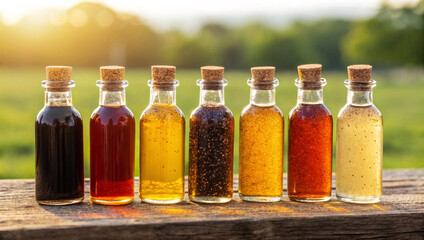 Seven small glass bottles filled with various oils of different colors are arranged on a wooden surface, bathed in golden sunlight