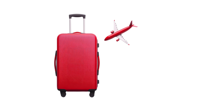 Travel adventure red suitcase and airplane airport terminal photography bright environment aerial view journey planning