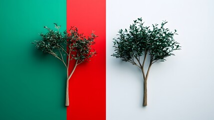 Vibrant Green Red White Background Minimalist Trees