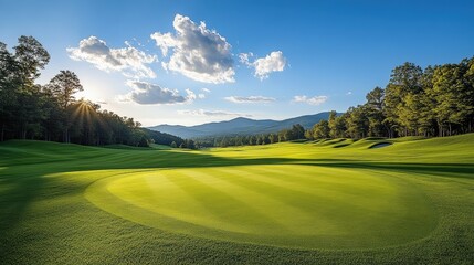 A sunny golf course surrounded by trees and mountains under a blue sky with scattered clouds.