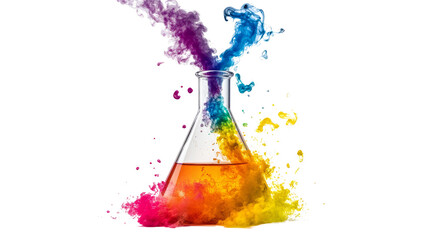 Dynamic chemical reaction in laboratory experiment science lab visual art colorful environment aerial view creative concept
