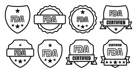 Multiple FDA certified badge designs shown together.