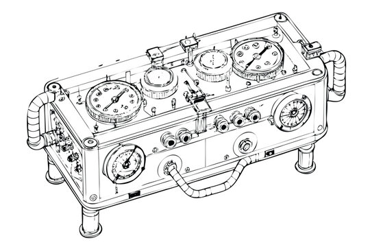 Time Machine Suitcase Blueprint in Stipple Ink Style. Vintage Sci-Fi Technical Drawing of a Time Travel Device. Retro Engraving Schematic
