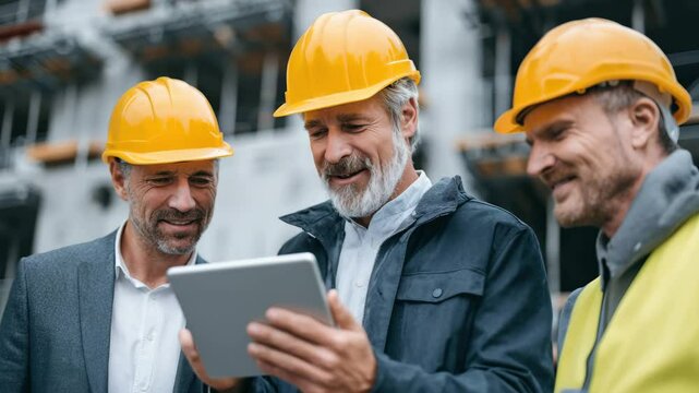 Three construction professionals gather at a construction site, wearing hard hats and discussing project updates displayed on a tablet. They appear engaged and focused on their work